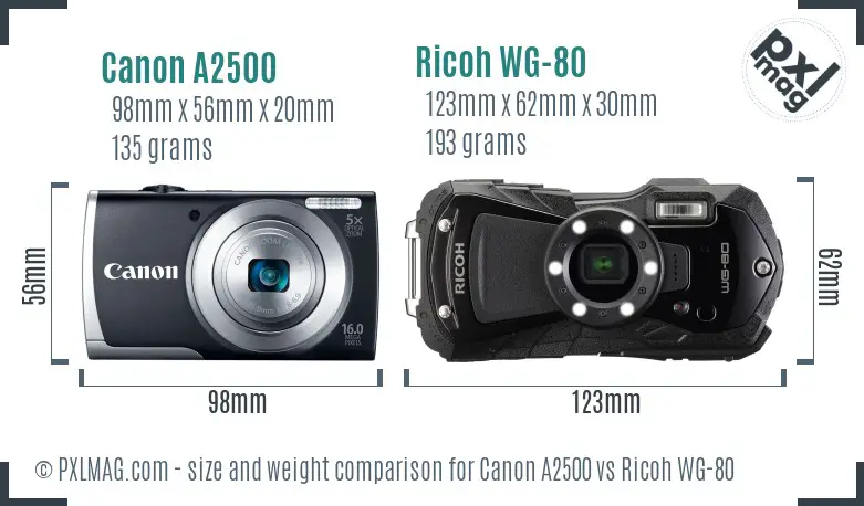 Canon A2500 vs Ricoh WG-80 size comparison