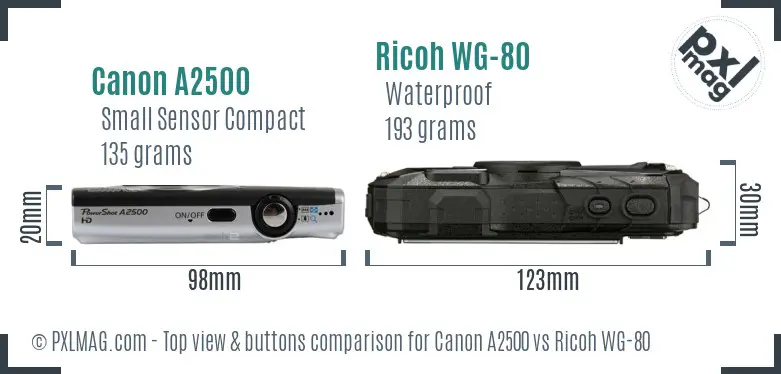 Canon A2500 vs Ricoh WG-80 top view buttons comparison