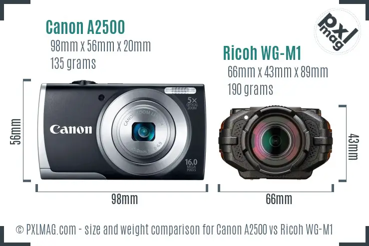 Canon A2500 vs Ricoh WG-M1 size comparison