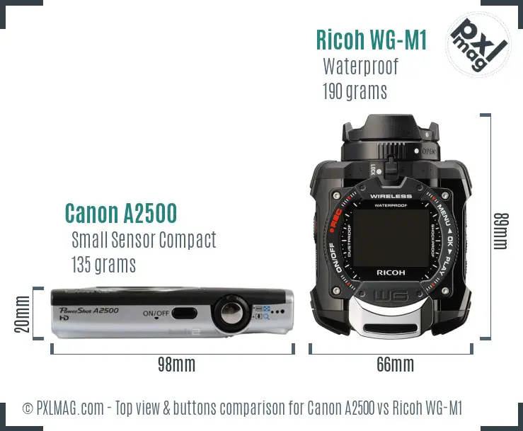 Canon A2500 vs Ricoh WG-M1 top view buttons comparison