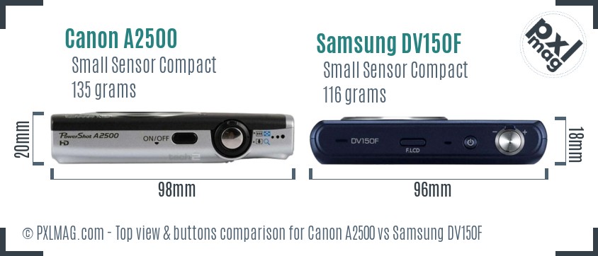 Canon A2500 vs Samsung DV150F top view buttons comparison