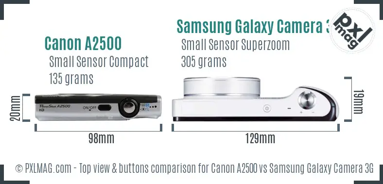 Canon A2500 vs Samsung Galaxy Camera 3G top view buttons comparison