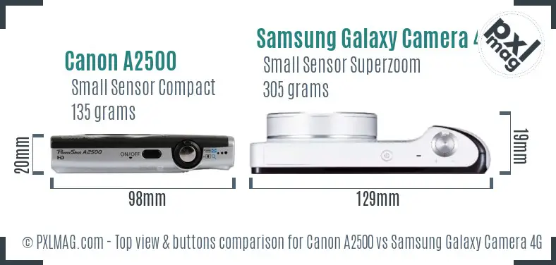 Canon A2500 vs Samsung Galaxy Camera 4G top view buttons comparison