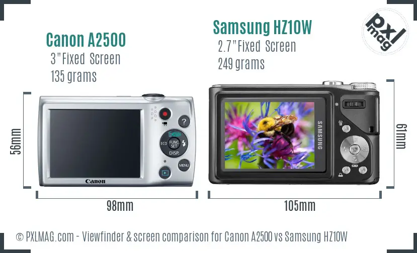 Canon A2500 vs Samsung HZ10W Screen and Viewfinder comparison