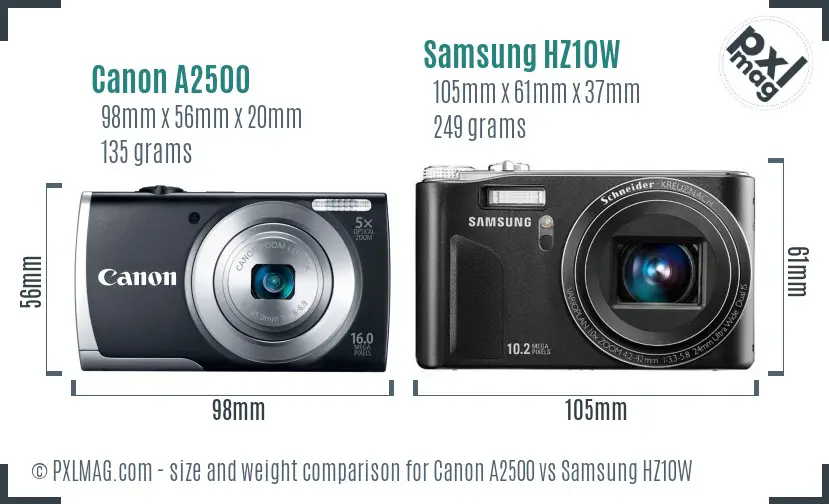 Canon A2500 vs Samsung HZ10W size comparison