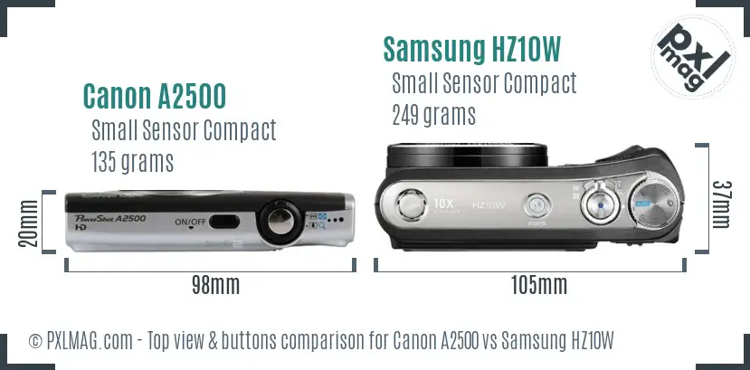 Canon A2500 vs Samsung HZ10W top view buttons comparison