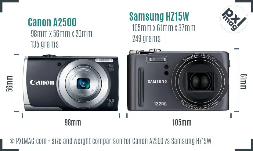 Canon A2500 vs Samsung HZ15W size comparison