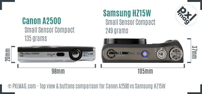 Canon A2500 vs Samsung HZ15W top view buttons comparison