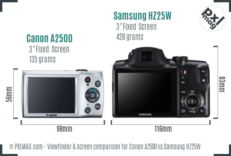 Canon A2500 vs Samsung HZ25W Screen and Viewfinder comparison