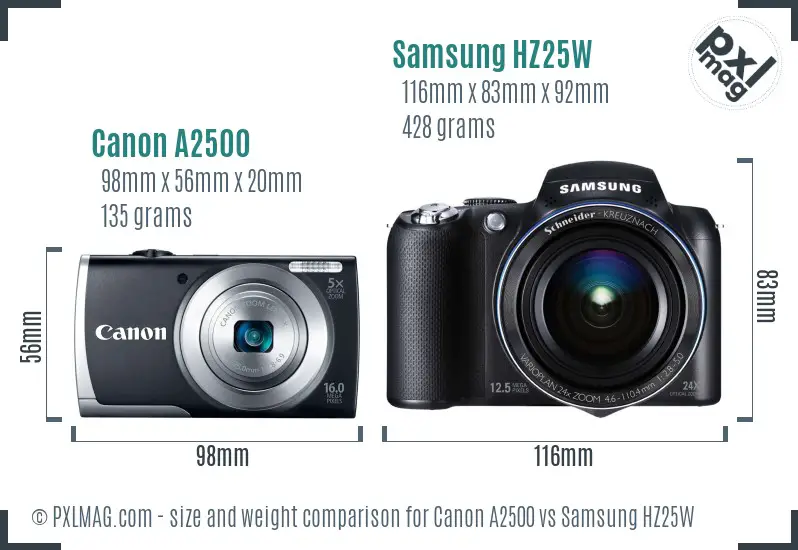 Canon A2500 vs Samsung HZ25W size comparison