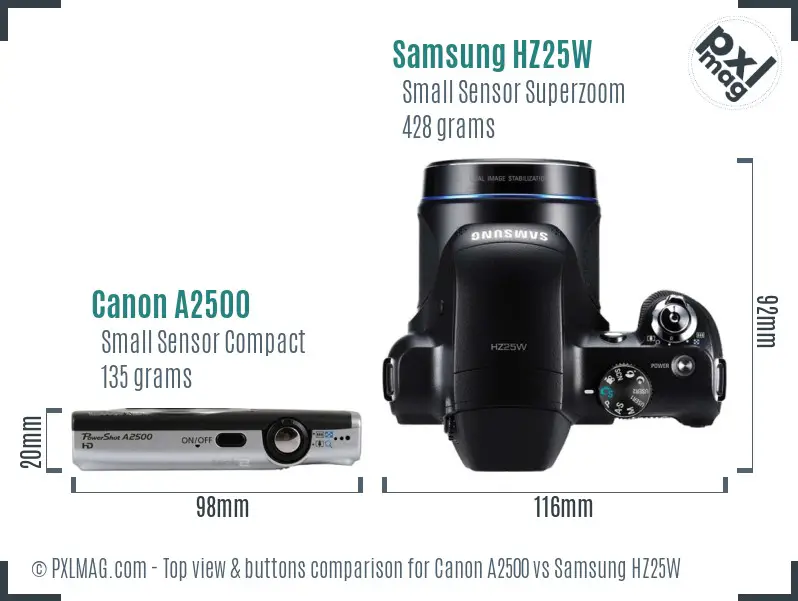 Canon A2500 vs Samsung HZ25W top view buttons comparison