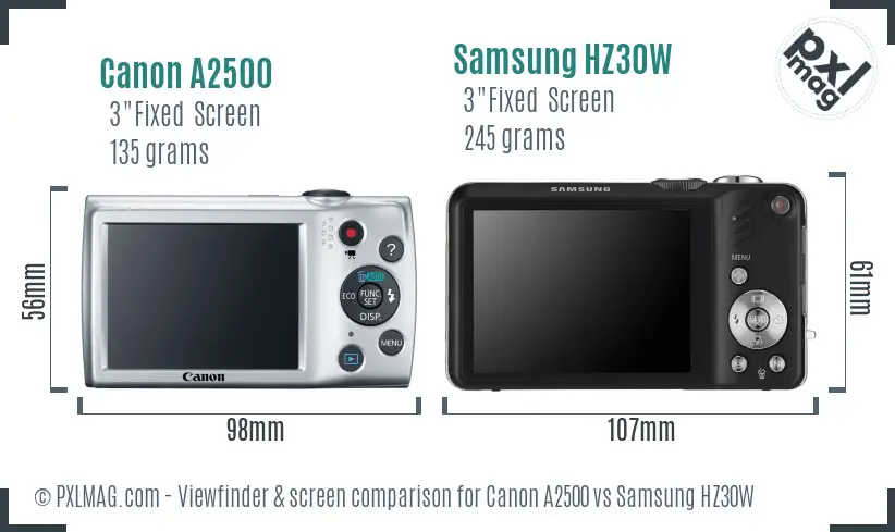 Canon A2500 vs Samsung HZ30W Screen and Viewfinder comparison