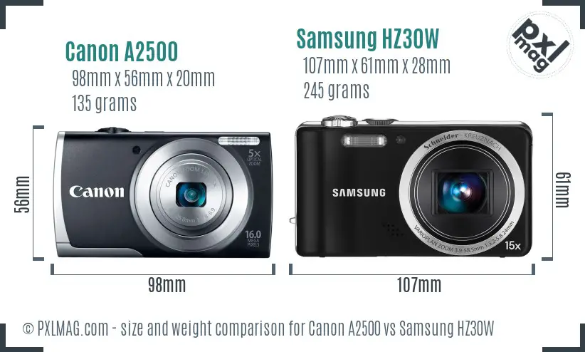 Canon A2500 vs Samsung HZ30W size comparison