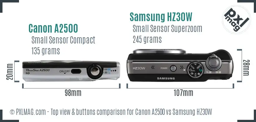 Canon A2500 vs Samsung HZ30W top view buttons comparison