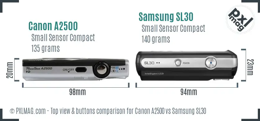 Canon A2500 vs Samsung SL30 top view buttons comparison Canon A2500 vs Samsung SL30 top view buttons comparison