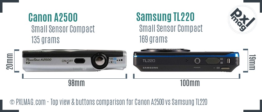 Canon A2500 vs Samsung TL220 top view buttons comparison