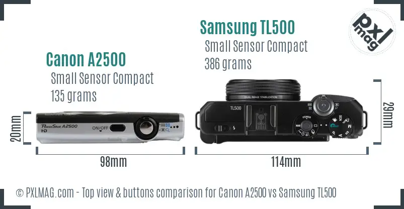 Canon A2500 vs Samsung TL500 top view buttons comparison Canon A2500 vs Samsung TL500 top view buttons comparison
