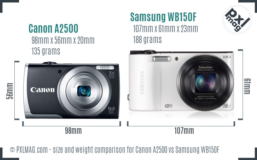 Canon A2500 vs Samsung WB150F size comparison
