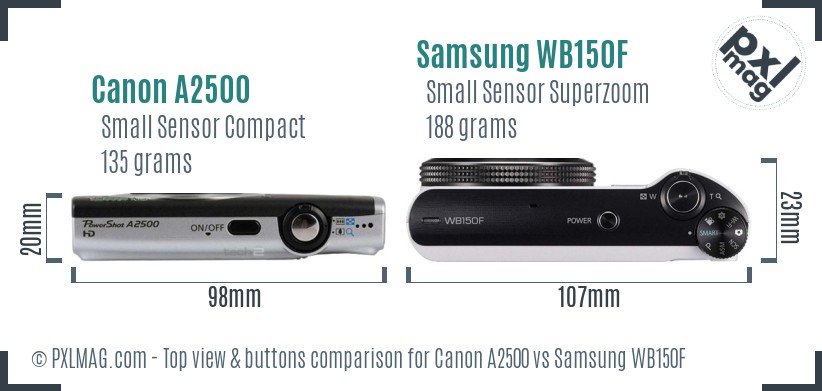 Canon A2500 vs Samsung WB150F top view buttons comparison