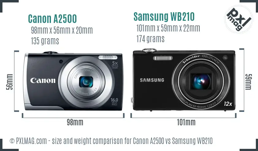 Canon A2500 vs Samsung WB210 size comparison