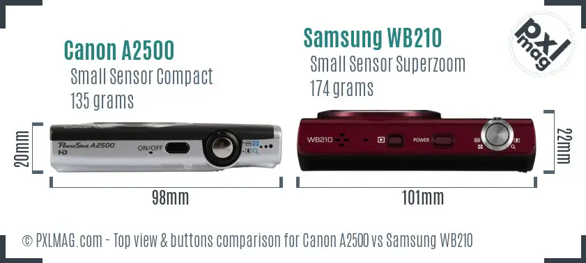 Canon A2500 vs Samsung WB210 top view buttons comparison