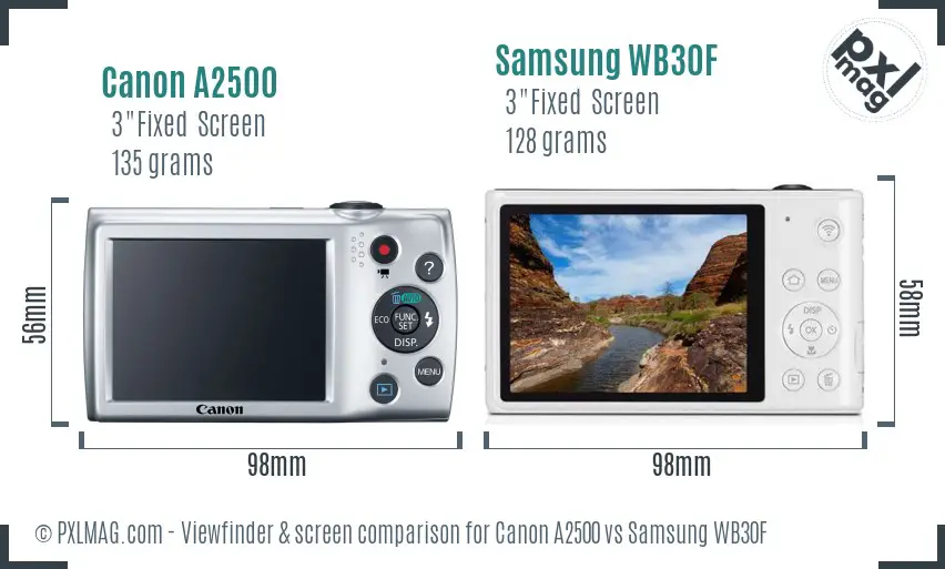 Canon A2500 vs Samsung WB30F Screen and Viewfinder comparison