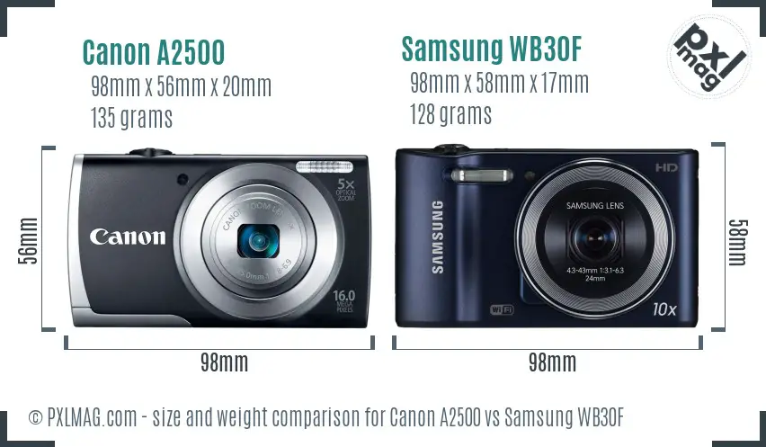 Canon A2500 vs Samsung WB30F size comparison