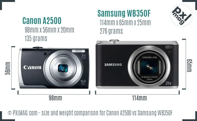 Canon A2500 vs Samsung WB350F size comparison Canon A2500 vs Samsung WB350F size comparison