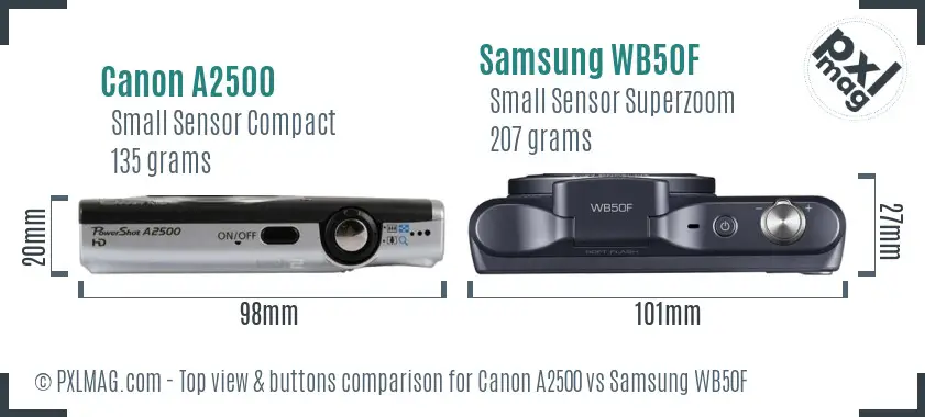 Canon A2500 vs Samsung WB50F top view buttons comparison Canon A2500 vs Samsung WB50F top view buttons comparison