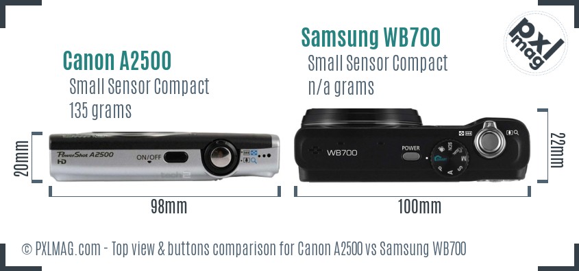 Canon A2500 vs Samsung WB700 top view buttons comparison