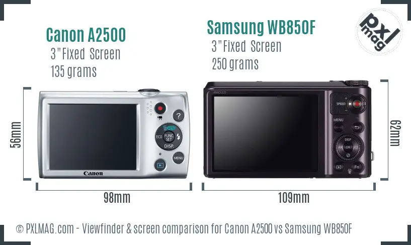 Canon A2500 vs Samsung WB850F Screen and Viewfinder comparison
