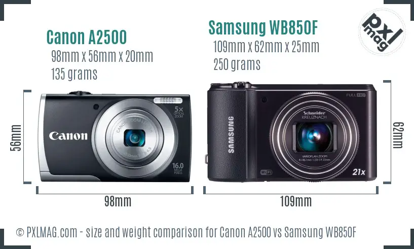 Canon A2500 vs Samsung WB850F size comparison