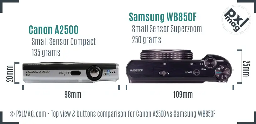 Canon A2500 vs Samsung WB850F top view buttons comparison