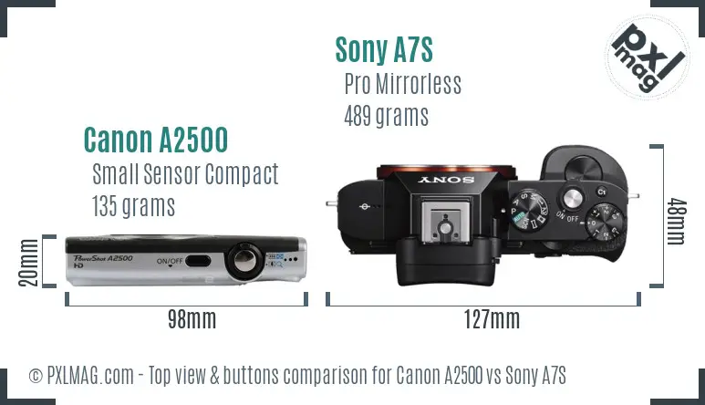 Canon A2500 vs Sony A7S top view buttons comparison