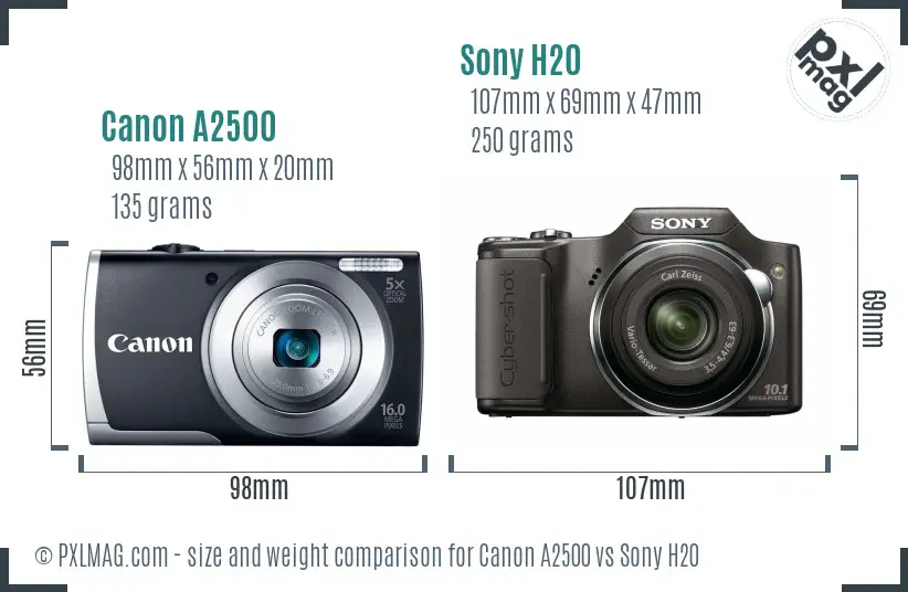 Canon A2500 vs Sony H20 size comparison