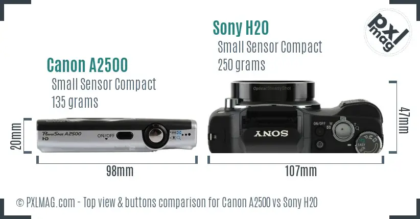 Canon A2500 vs Sony H20 top view buttons comparison