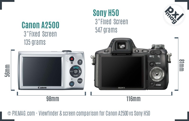Canon A2500 vs Sony H50 Screen and Viewfinder comparison