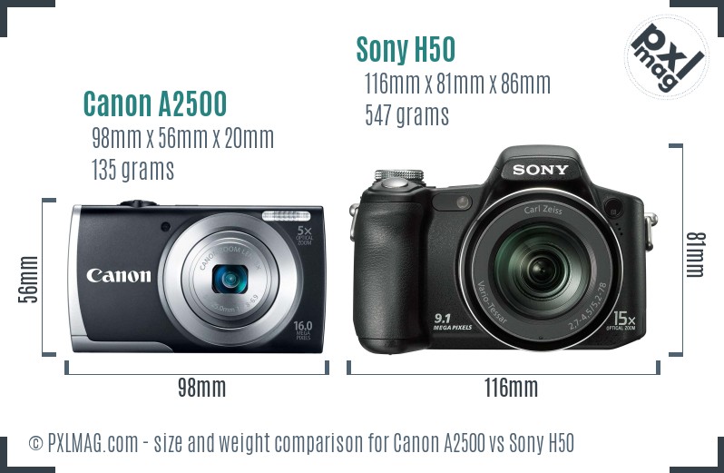 Canon A2500 vs Sony H50 size comparison