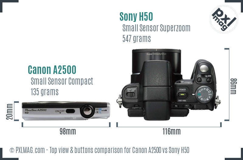 Canon A2500 vs Sony H50 top view buttons comparison