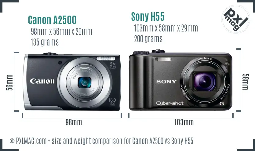 Canon A2500 vs Sony H55 size comparison