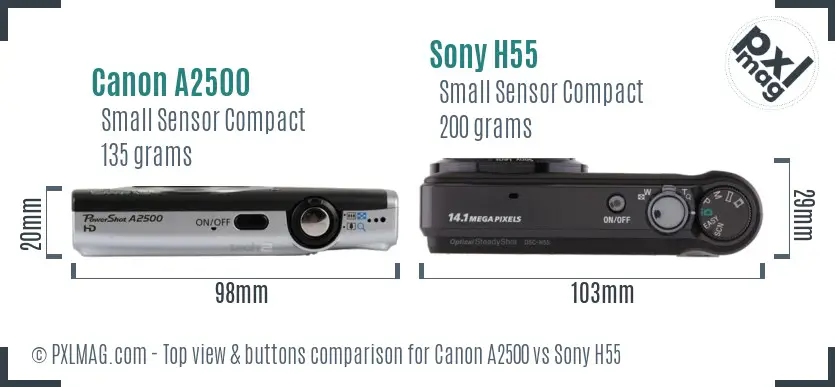 Canon A2500 vs Sony H55 top view buttons comparison