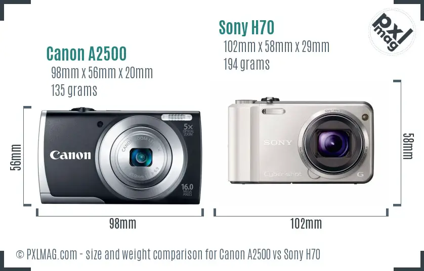 Canon A2500 vs Sony H70 size comparison