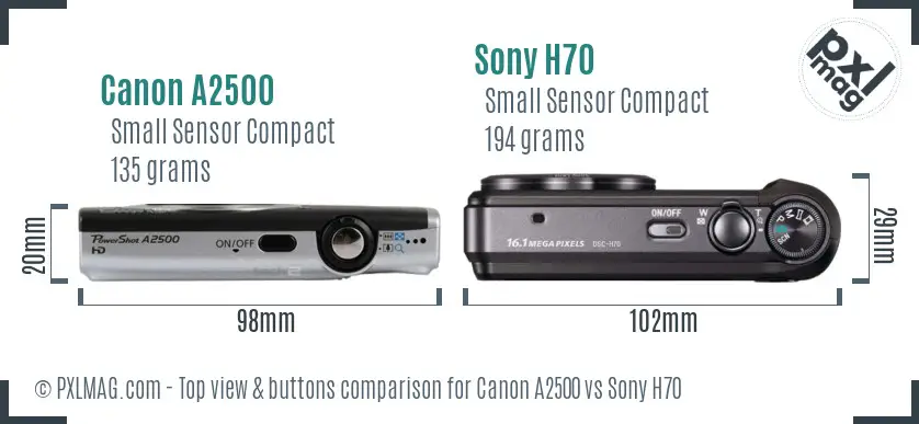 Canon A2500 vs Sony H70 top view buttons comparison