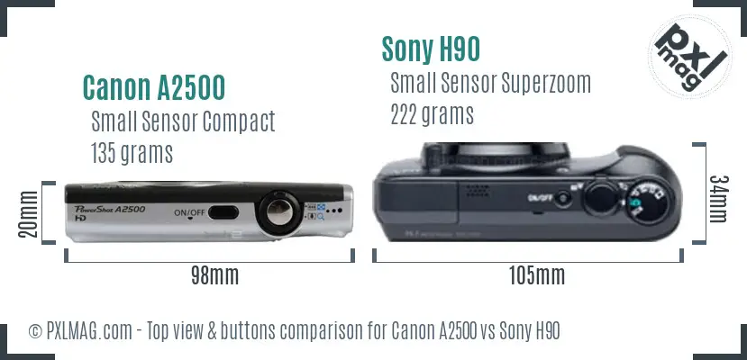 Canon A2500 vs Sony H90 top view buttons comparison Canon A2500 vs Sony H90 top view buttons comparison