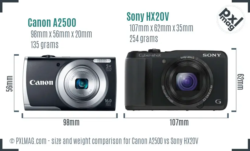 Canon A2500 vs Sony HX20V size comparison