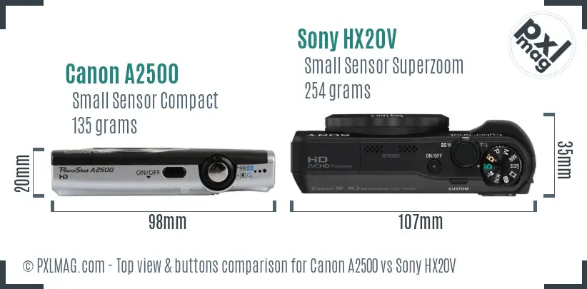 Canon A2500 vs Sony HX20V top view buttons comparison