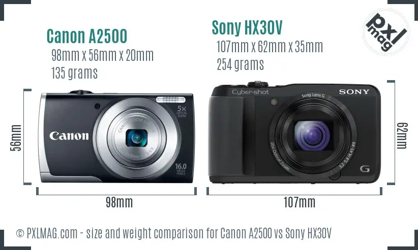 Canon A2500 vs Sony HX30V size comparison