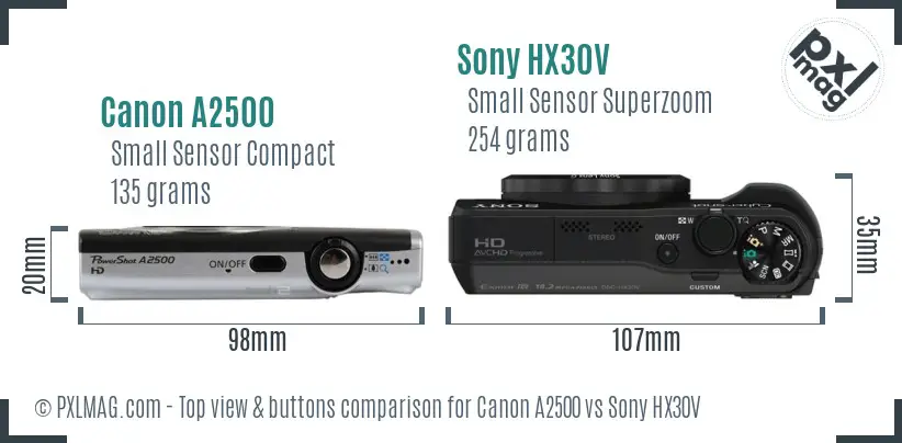 Canon A2500 vs Sony HX30V top view buttons comparison
