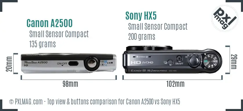 Canon A2500 vs Sony HX5 top view buttons comparison Canon A2500 vs Sony HX5 top view buttons comparison