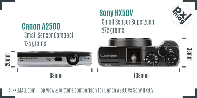 Canon A2500 vs Sony HX50V top view buttons comparison